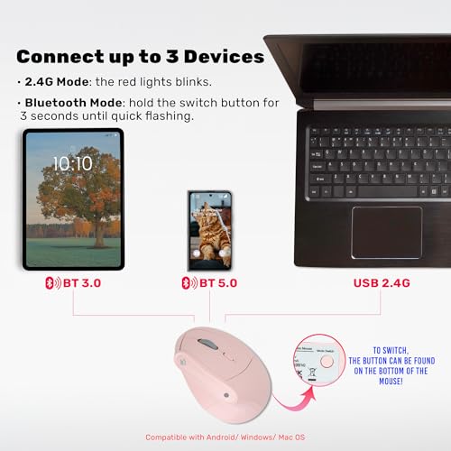 J-Tech Digital Wireless Mouse, Vertical Ergonomic Mouse with 2.4G Wireless & Bluetooth for 3 Multi-Device Function, Adjust...