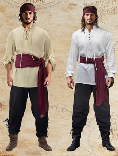 Verceco Mens Pirate Costume Outfit Renaissance Costume Men Medieval Outfit With Pirate Pants Shirts Sash Accessories (khak...