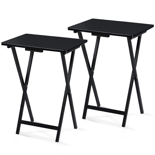 PJ Wood 2-Pack Folding TV Tray Set, Black - Collapsible Portable Snack Serving Tables, Home Furniture for Living Room, Bed...
