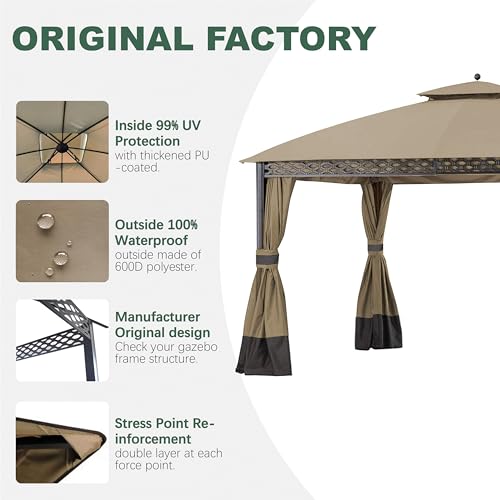 JANCANOPY Replacement Cover for 10X12Ft Oakmont Gazebo L-GZ1188PST-A,Pinehurst Gazebo L-GZ1188PST,Khaki