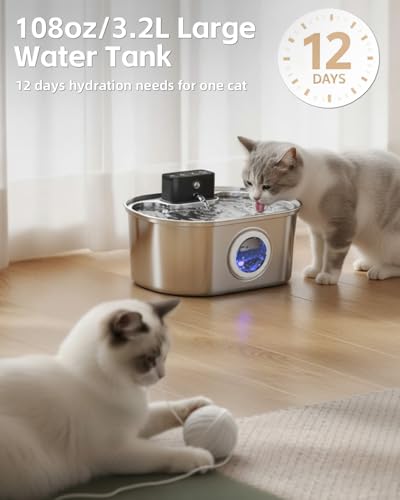 Cat Water Fountain Wireless - Stainless Steel 3.2L/108oz Cordless Pet Fountain - Battery Operated Automatic Water Dispense...