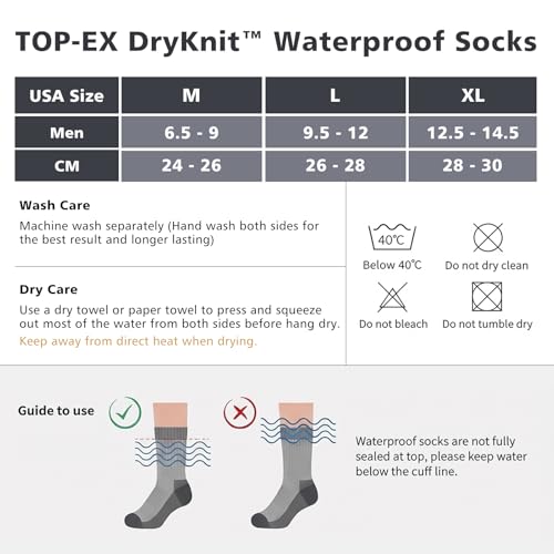 TOP-EX DryKnit™ Waterproof Merino Wool Socks for Men & Women, Breathable, Hiking, Camping and All Winter Activities –Crew
