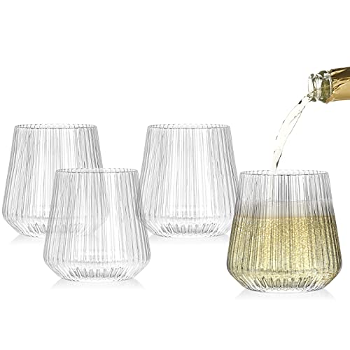 Tebery 20 Pack Plastic Ribbed Wine Glasses, 14Oz Origami Style Ridged Drinking Glasses Tumbler, Unique Vintage Stemless Cu...