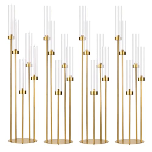Fullvaseer 5 Arm Candelabra with Acrylic Lampshade Set of 4 Gold Candelabra for Wedding Table Birthday Party Home Decorati...