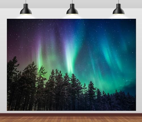 BELECO 8x6ft Fabric Night Forest Northern Lights Backdrop Pine Trees Forest Aurora Borealis Starry Sky Stars Background Po...