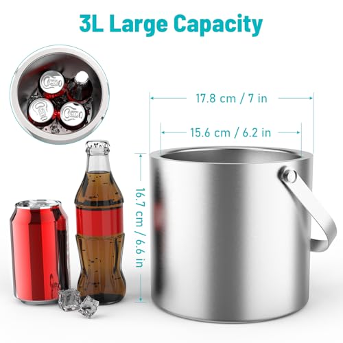 3L Stainless Steel Ice Bucket, Double Wall Insulated Ice Bucket with Lid, Drain Plate, Scoop, Tong for Parties Cocktail Bar