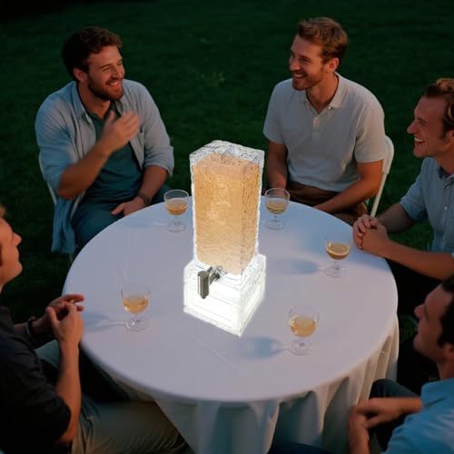 Drink Fountain for Parties, 3L/0.79Gal Square Beverage Containers with LED Lighting Stand & Faucet & Exquisite Pattern for...