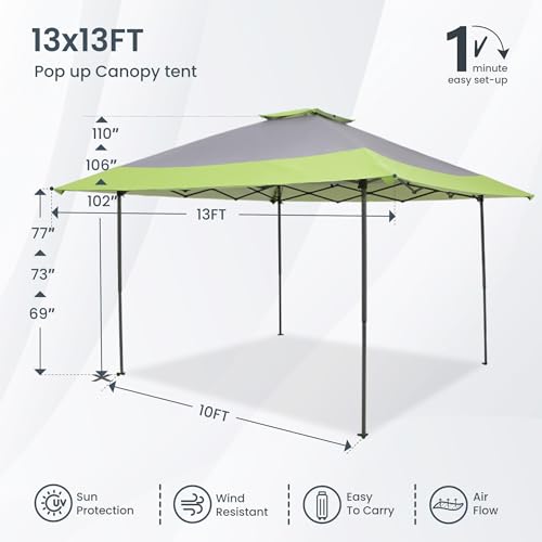 PHI VILLA Pop-Up Canopy Tent 13x13 Instant Shelter Outdoor Canopy with Wheeled Bag,Green