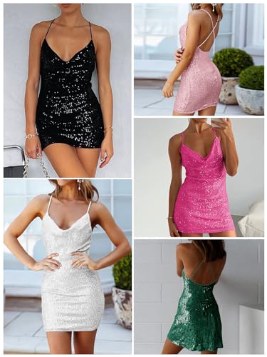 MIYIEONZ Women's Sequin Sparkly Glitter Dress Sexy Sleeveless Backless Spaghetti Strap Party Club Bodycon Mini Dress
