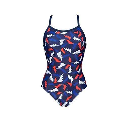 ARENA Women's Print Light Drop Back MaxLife One Piece Athletic Training Swimsuit, Lightning Colors Navy/Red, 28