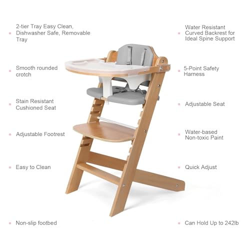 Cowiewie 3-in-1 Convertible Natural Wooden High Chair for Babies & Toddlers 3-Tier Remove & 2 Adjustable Wood Tray & 8 Lev...