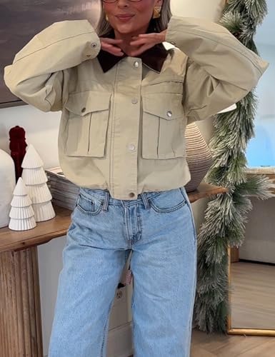 Megfie Womens Cropped Jacket Contrast Collar Utility Coat Cargo Jacket Barn Jacket Outwear with Pockets