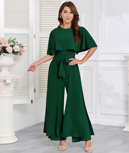 DGHBVS Jumpsuits for Women Dressy Casual One-Piece Outfits Elegant Formal Cape Belted Wide Leg Rompers Evening Pantsuits