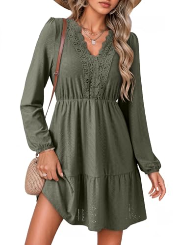 Dokotoo Spring Dresses for Women 2026 Elegant Lace Hollow Out Embroidered V Neck Long Sleeve Casual A-Line Swing Mini Dress