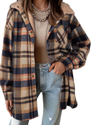 Dokotoo Women's Flannel Hooded Plaid 2025 Shacket Thick Coat Winter Coat for Warmth Button down Warm and Fuzzy Fleece Jacket