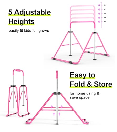 Safly Fun Foldable Gymnastics Bar for Kids, Adjustable 35"-51", Sturdy 145 lbs Capacity, Easy-to-Assemble, Gymnastics Equi...