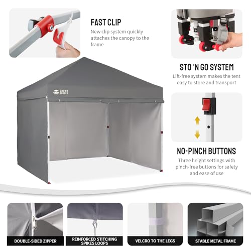 CROWN SHADES 10X10 Comercial Instant Canopy Pop Up Tent with Center Lock, 300D Fabric, 4 Sidewalls, Sto'N Go Bag, Grey