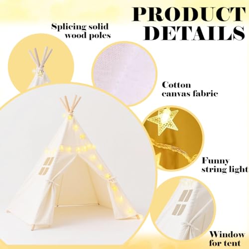 Quaocens 6 Pack Teepee Tent for Kids,Collapsible Kids Teepee Tent with 10 Ft String Lights,White Kid Teepee Boys Girls Ind...