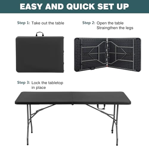 FDW 6 Foot Outdoor Dining Table, Foldable Portable Rectangular Plastic Folding Table with Built in Carrying Handle for Par...