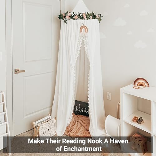 OldPAPA Kids Bed Canopy with Pom Pom Hanging Mosquito Net for Baby Crib Nook Castle Game Tent Nursery Play Room Decor，White