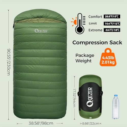 QEZER XL Sleeping Bag-600 Fill Power Down Sleeping Bag for Adults, Ultralight Ideal for Backpacking, Camping, Hiking