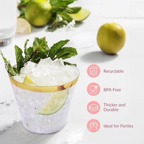 Prestee 100-Pack 9oz Gold Rimmed Plastic Cups Disposable Wine Glasses for Charcuterie, Weddings, Parties, and Events - Ele...