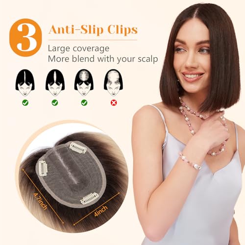 Benehair 12 Inch Hair Toppers For Women Real Human Hair 150% Density 4 * 4.7'' Hand Made Lace Base 100% Remy Human Hair Wiglets Toppers for Thinning Hair No Bangs Ombre Bleach Blonde
