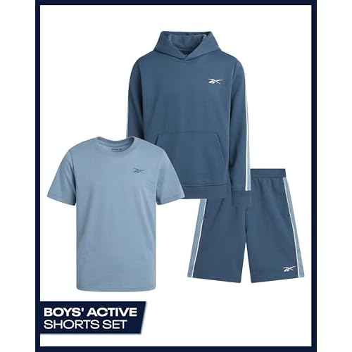 Reebok Boys' Active Shorts Set - 3 Piece Performance Mesh Hoodie Sweatshirt, Gym Shorts, and T-Shirt - Activewear Set (8-12)