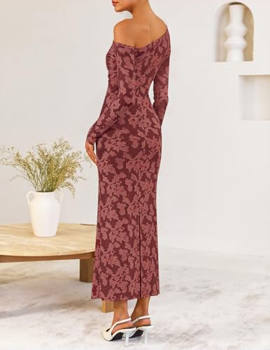 ZESICA Women's Fall Floral Off Shoulder Bodycon Maxi Dresses 2026 Long Sleeve Ruched Elegant Cocktail Party Dress