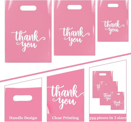 Odseciran 200PCS Reusable Thank You Bags for Business Small, Durable Plastic Bag with Handle for Store, 3 Sizes Shopping G...