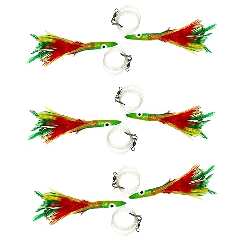 6" Tuna Clone Feather Rigs, 6 Pcs Mexican Flag Color, for Offshore Saltwater Trolling, Skirted Feather Lures, Ideal for Bi...