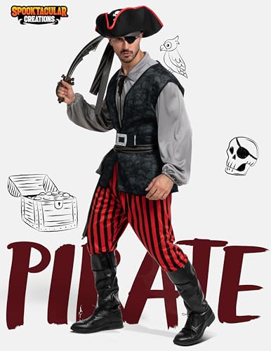 Spooktacular Creations Men Pirate Costume, Adult Pirate Shirt Vest Viking Pants Hat Set for Halloween Themed Parties