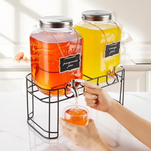 defway Glass Drink Dispenser for Party - 1 Gallon Glass Drink Dispenser with Fruit Infuser