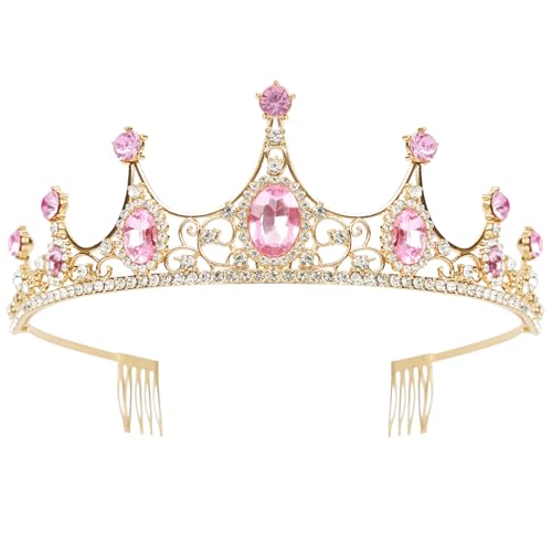 WOVOWOVO Pink Tiaras for Women, Princess Crown Headband with Combs for Women, Elegant Rhinestone Pink Hair Accessories for...