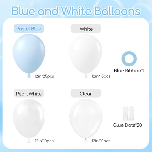 60pcs Blue and White Balloons 12inch, Clear Pearl White Light Blue Balloons for Baby Shower Birthday Party Decorations