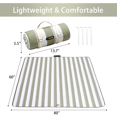 HX&OD Outdoor Picnic Blanket Extra Large, 80''*60'' Waterproof Picnic Mat with Stakes Foldable Camping Blanket Portable wi...