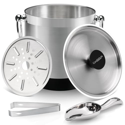 COOKSTYLE Double-Wall Stainless Steel Insulated Ice Bucket With Lid & Ice Tong [3 Liter] Included Strainer Keeps Ice Cold...