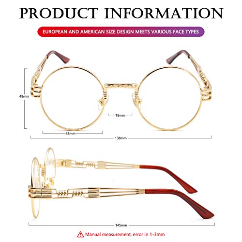 AIEYEZO Round Steampunk Sunglasses for Men Women Retro Circle Hippie Glasses Metal Frame 100% UV Blocking Lens