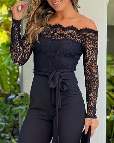 CHICME Womens Dressy Jumpsuits Casual One Piece Outfits Off Shoulder Lace Trim Overalls Straight Leg Pants