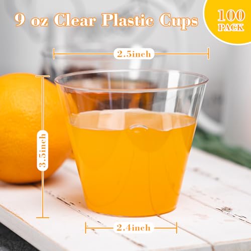 N9R 100PCS 9 oz Clear Plastic Cups for Cold Beverages, Disposable Plastic Cups Tumblers, Heavy Duty Cocktail Cups for Part...