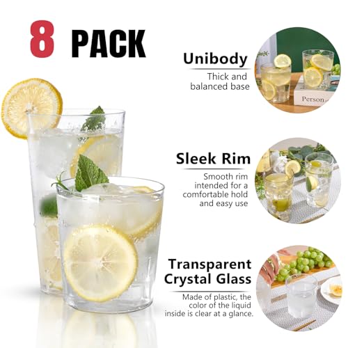 Liacere Drinking Glasses Set of 8, 17 oz Highball Plastic Glasses & 14oz Cocktail Plastic Glasses Set, Kitchen Water Glass...