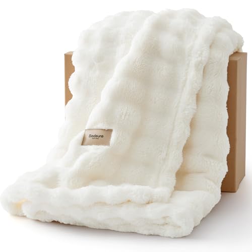 Bedsure 3D Fleece Bubble Blanket for Couch - GentleSoft White Throw Blanket for Sofa Bed Room Decor - Luxury Soft Cozy Gif...