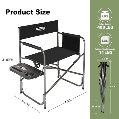YOUNG WOOD Camping Directors Chair, Lightweight Oversized Portable Folding Chair with Side Table and Storage Pockets for O...