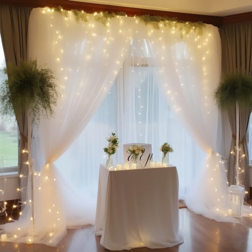 10ft x 8ft White Backdrop Curtain with Lights String for Parties, Sheer Tulle Wedding Photo Backdrops Drapes for Baby Show...