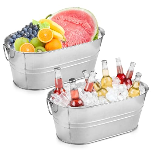 MIVIDE 2 Pack 3.3 Gallon Galvanized Tub Ice Bucket Metal Champagne Drink Bucket with Handles Galvanized Ice Buckets for Pa...