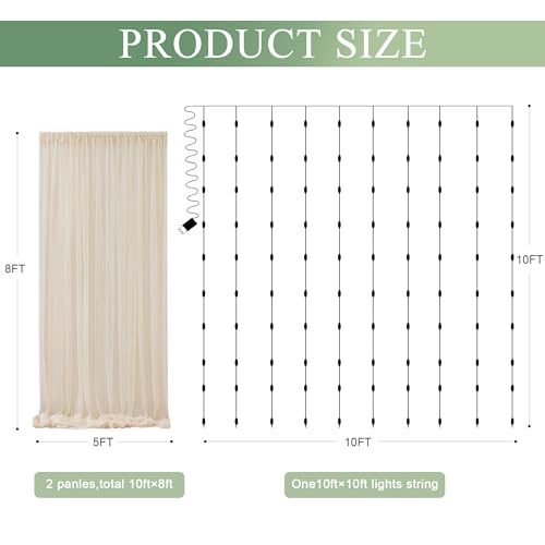 Xiomot Tulle Backdrop Curtain with Lights String 10FT X 8FT Champagne Sheer Tulle Backdrop Curtains for Wedding Birthday P...