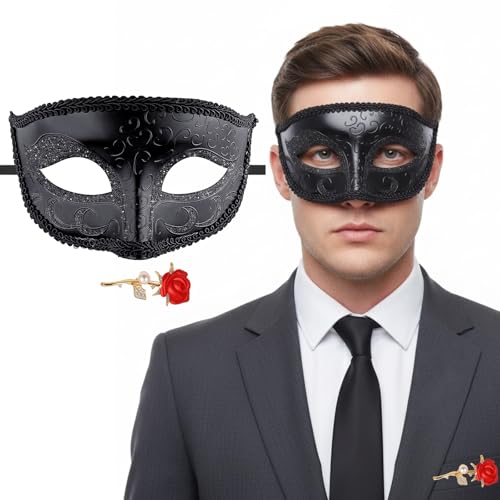 Hyperfun Experience Masquerade Mask for Men with Brooch for Halloween Mardi Gras Party