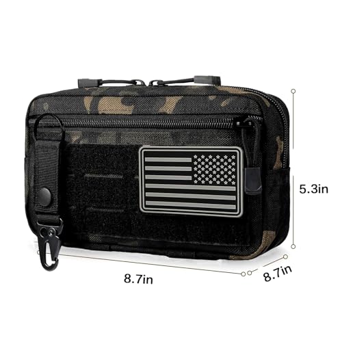 Tactical MOLLE Admin Pouch - Laser-Cut EDC Tool Bag, Horizontal Modular Organizer w/American Flag Patch & Keychain