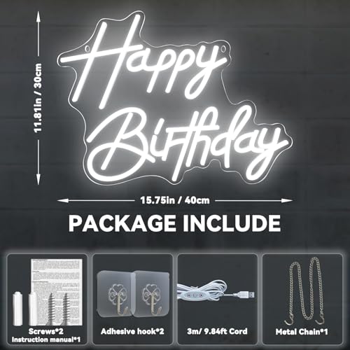 Happy Birthday Neon Sign for Wall Decor, LED Happy Birthday Light Up Sign, Dimmable LED Birthday Neon Light for Birthday P...