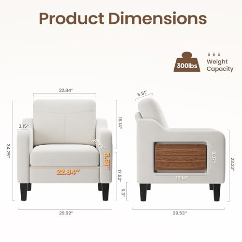 Accent Chair for Living Room Modern Linen Upholstered Armchair Side Wooden Fabric Sofa Chair with Foldable Table 2 Side Po...